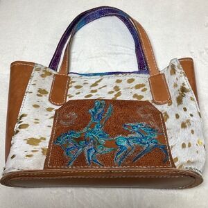 Artisian Large Cowhide Leather Tote, Brown Leather & Calf Hair, Metallic details